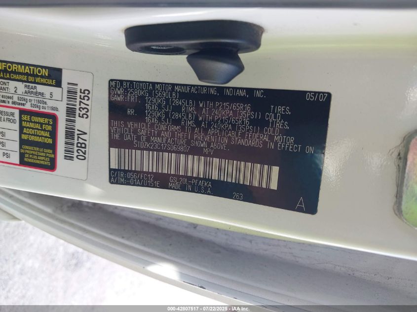 2007 Toyota Sienna Le VIN: 5TDZK23C17S069807 Lot: 42807517