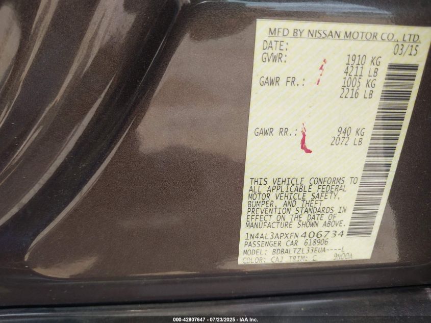 2015 Nissan Altima 2.5 Sl VIN: 1N4AL3APXFN406734 Lot: 42807647