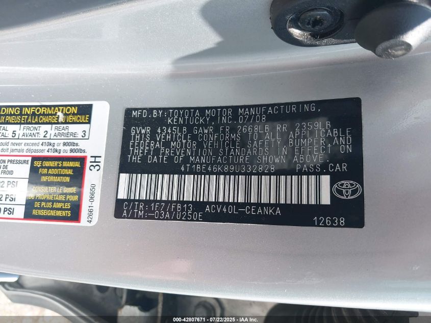 2009 Toyota Camry Le VIN: 4T1BE46K89U332828 Lot: 42807671