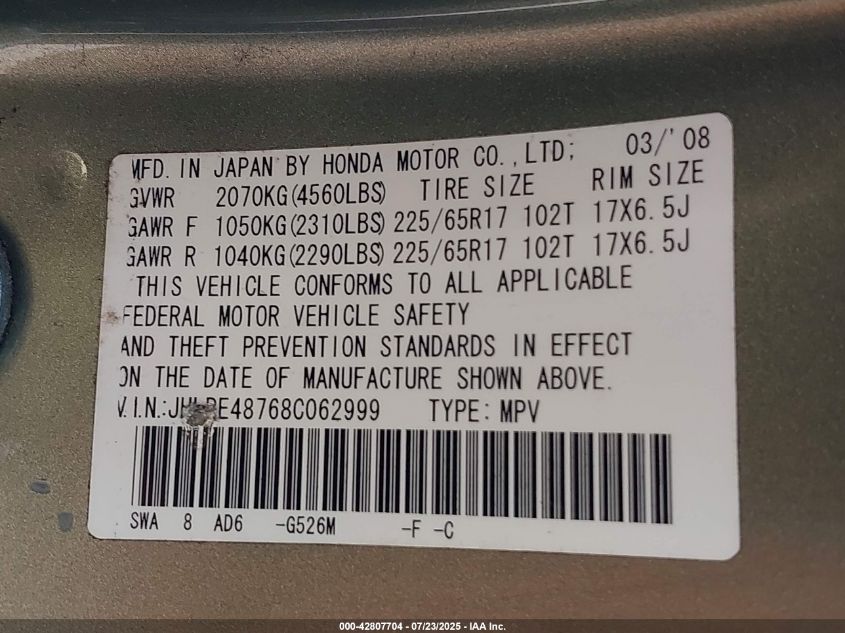 2008 Honda Cr-V Ex-L VIN: JHLRE48768C062999 Lot: 42807704