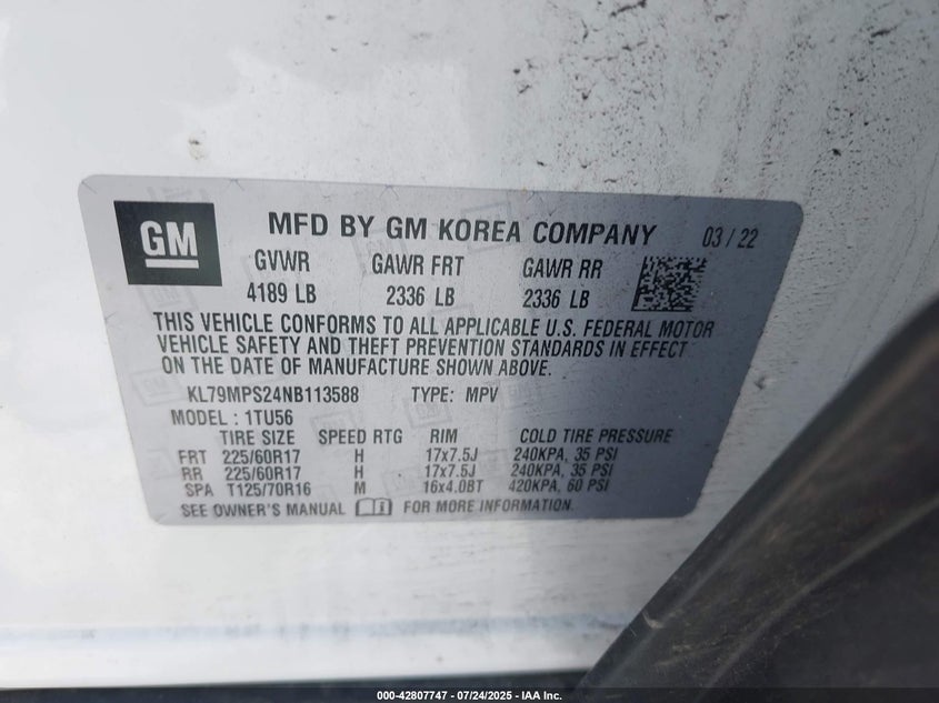 VIN KL79MPS24NB113588 2022 CHEVROLET TRAILBLAZER FWD LT