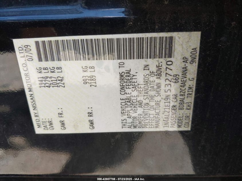 2009 Nissan Altima 2.5 S VIN: 1N4AL21E19N532770 Lot: 42807786