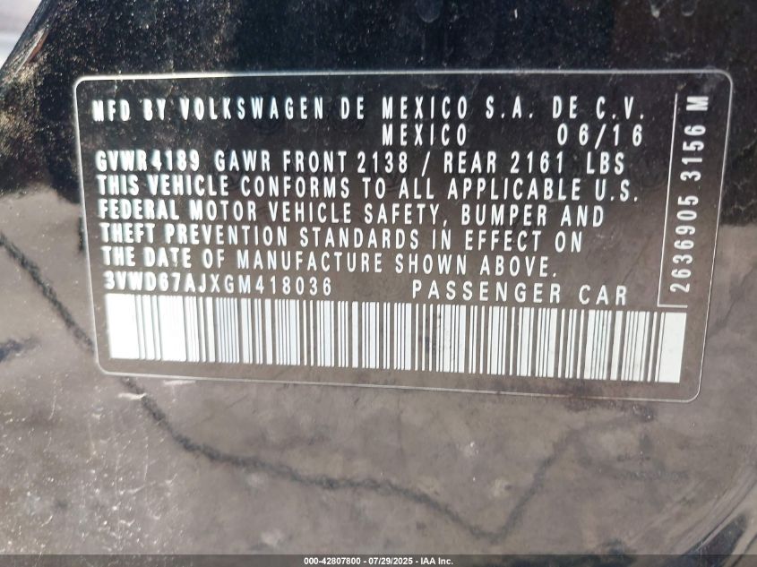 2016 Volkswagen Jetta 1.4T Se VIN: 3VWD67AJXGM418036 Lot: 42807800