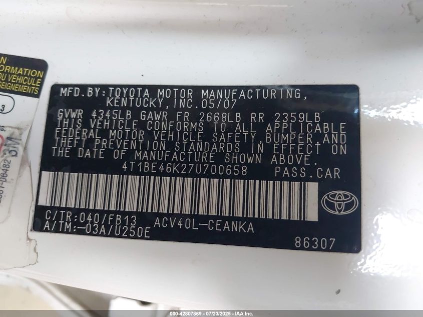 2007 Toyota Camry Ce/Le/Se/Xle VIN: 4T1BE46K274700658 Lot: 42807869