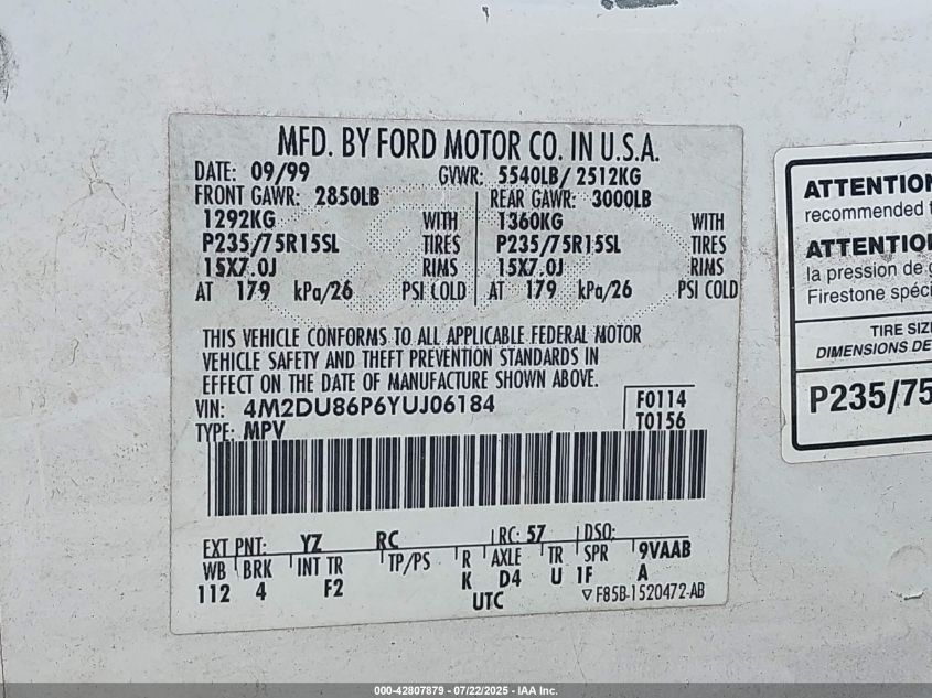 2000 Mercury Mountaineer VIN: 4M2DU86P6YUJ06184 Lot: 42807879