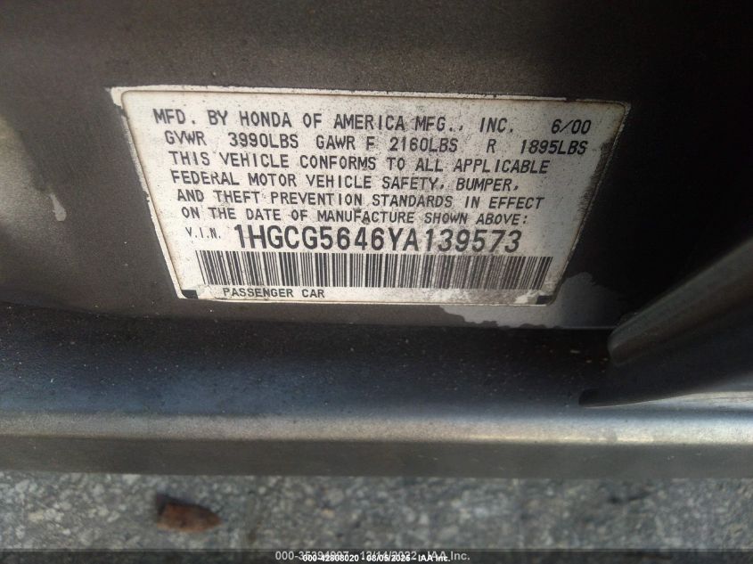 2000 Honda Accord 2.3 Lx VIN: 1HGCG5646YA139573 Lot: 42808020