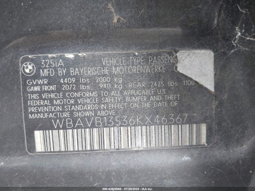2006 BMW 325I I VIN: WBAVB13536PY46357 Lot: 42808068