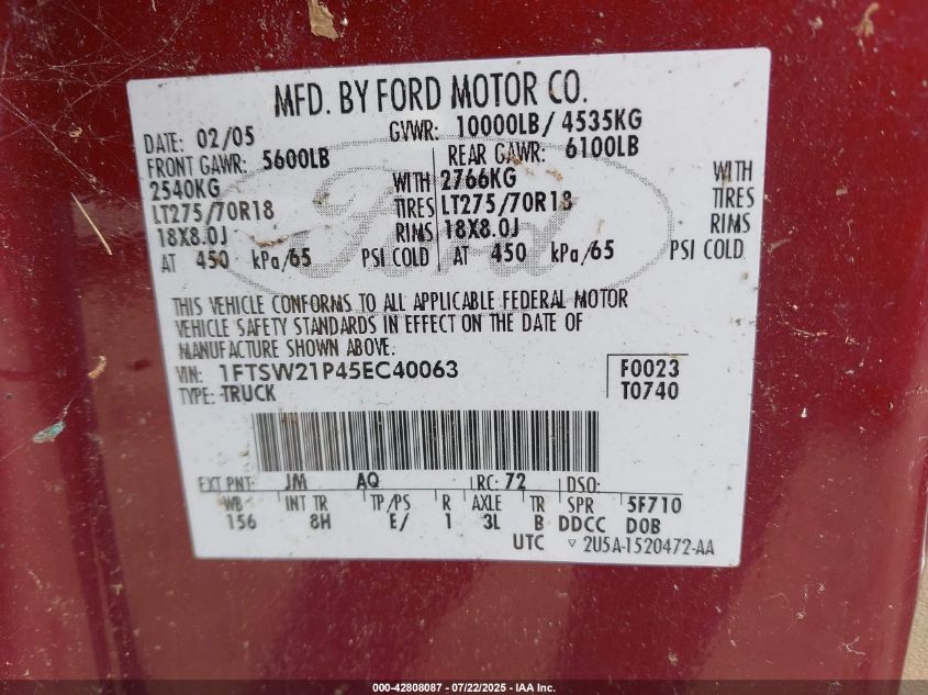 2005 Ford F-250 2005 Ford F-250 Lariat 4X4 Crew Cab Pickup VIN: 1FTSW21P45EC40063 Lot: 14084862