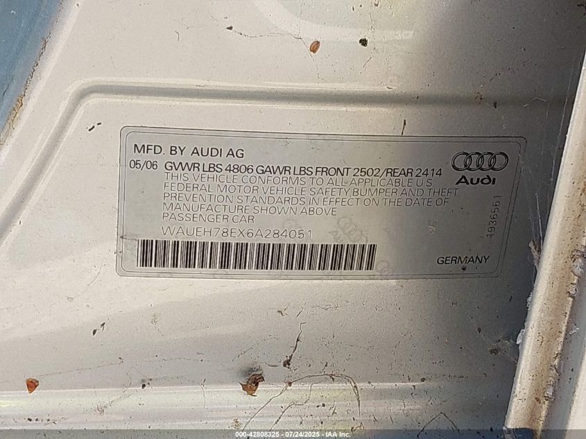2006 Audi A4 S-Line 3.2 Quattro VIN: WAUEH78EX6A284051 Lot: 42808325