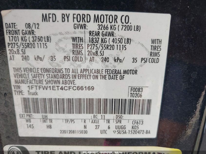 2012 Ford F-150 Lariat VIN: 1FTFW1ET4CFC66169 Lot: 42808337