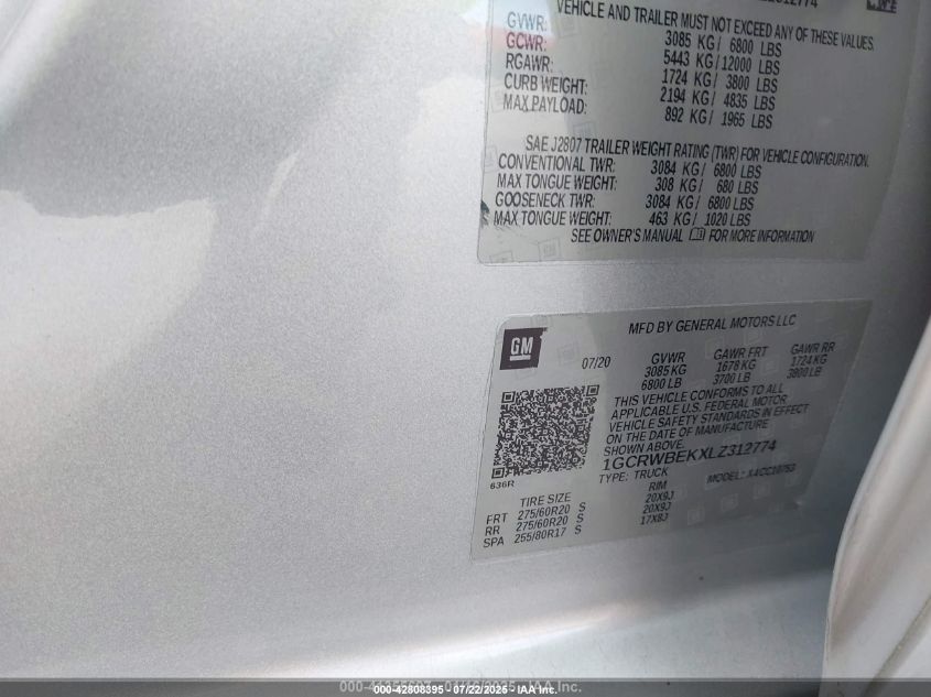 2020 Chevrolet Silverado 1500 2Wd Double Cab Standard Bed Custom VIN: 1GCRWBEKXLZ312774 Lot: 42808395