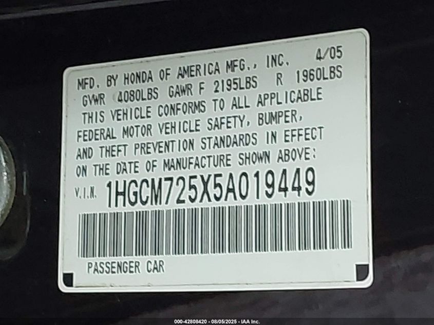 2005 Honda Accord 2.4 Lx Special Edition VIN: 1HGCM725X5A019449 Lot: 42808420