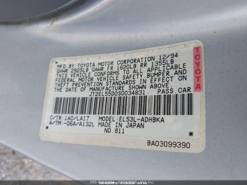 1995 Toyota Tercel Std VIN: JT2EL55D0S0034831 Lot: 42808512