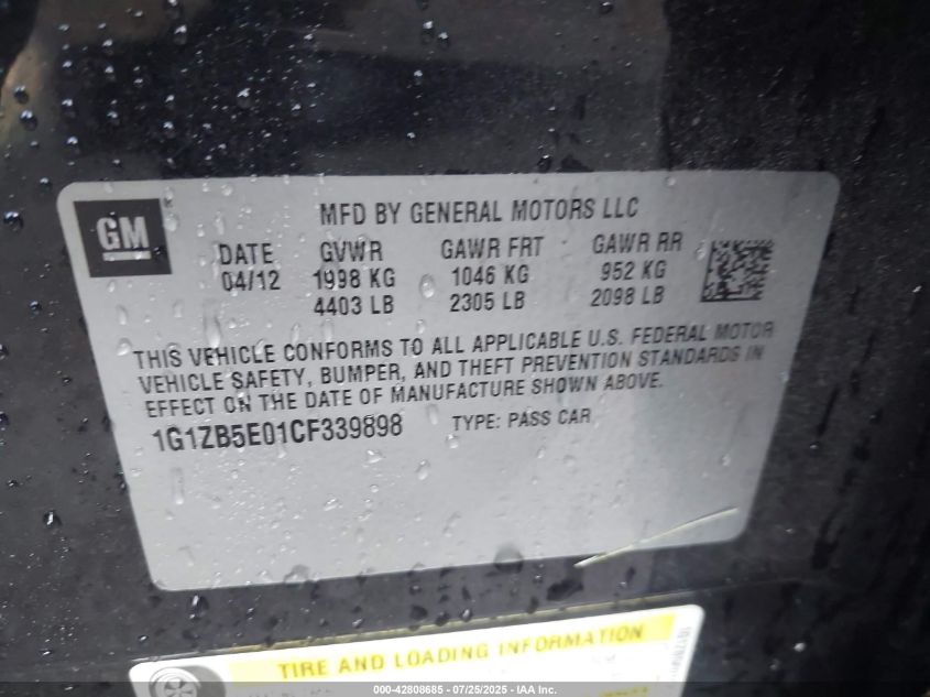 2012 Chevrolet Malibu Ls VIN: 1G1ZB5E01CF339898 Lot: 42808685