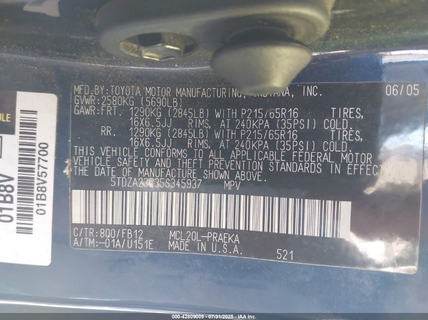 2005 Toyota Sienna Le VIN: 5TDZA23C35S345937 Lot: 42809009