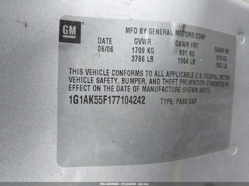 2007 Chevrolet Cobalt VIN: 1J1AK55F177104242 Lot: 42809086