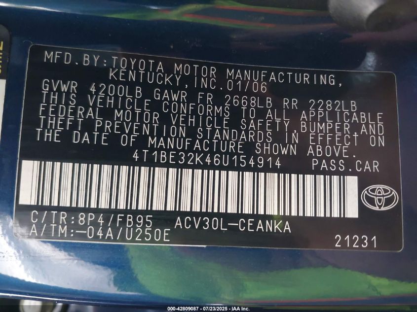 2006 Toyota Camry Le VIN: 4T1BE32K46U154914 Lot: 42809087