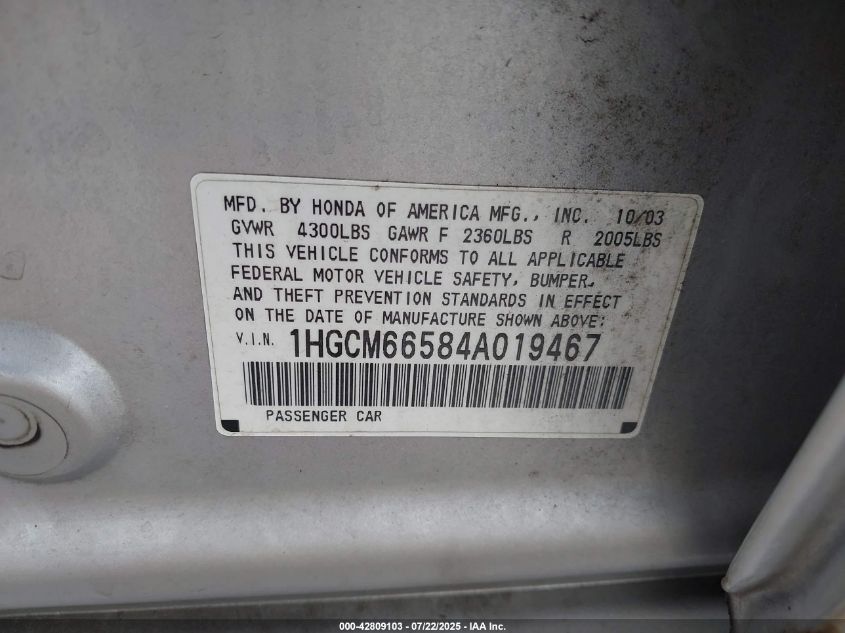 2004 Honda Accord 3.0 Ex VIN: 1HGCM66584A019467 Lot: 42809103
