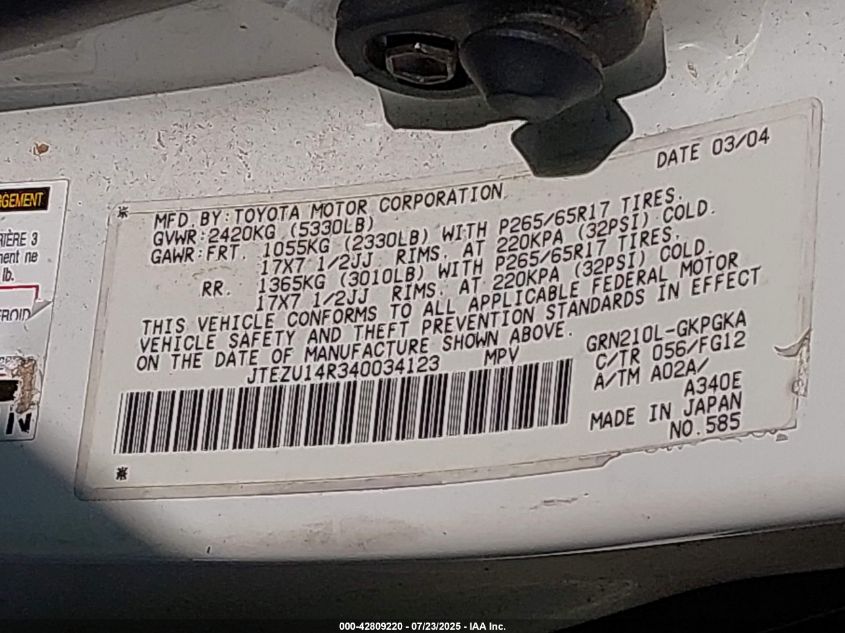 2004 Toyota 4Runner Sr5 V6 VIN: JTEZU14R340034123 Lot: 42809220