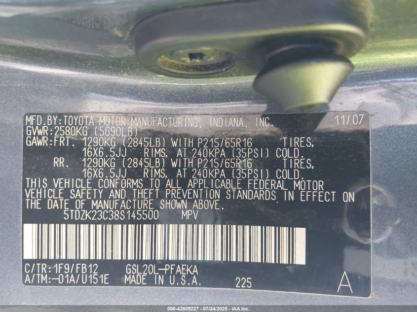 2008 Toyota Sienna Ce VIN: 5TDZK23C38S145500 Lot: 42809227