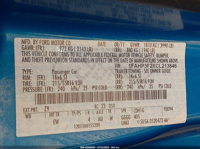 2012 Ford Focus Se VIN: 1FAHP3F2XCL213846 Lot: 42809263