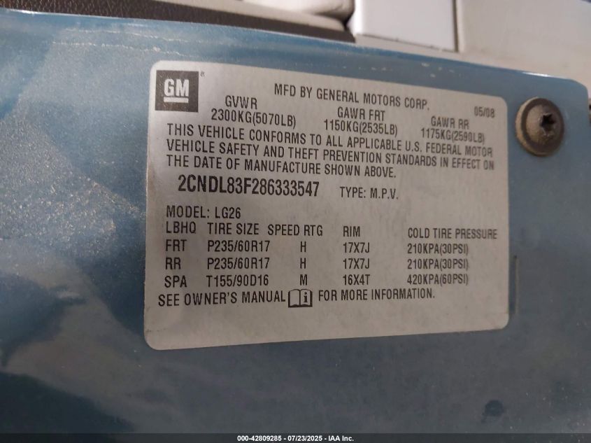 2008 Chevrolet Equinox Ltz VIN: 2CNDL83F286333547 Lot: 42809285