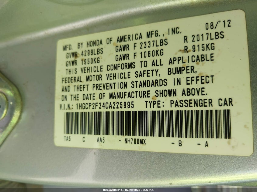 2012 Honda Accord 2.4 Lx VIN: 1HGCP2F34CA225995 Lot: 42809314