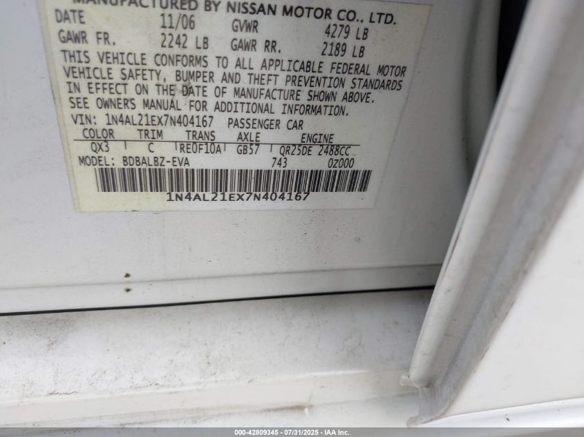 2007 Nissan Altima 2.5 S VIN: 1N4AL21EX7N404167 Lot: 42809345