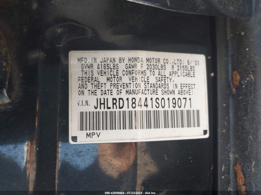 2001 Honda Cr-V Lx VIN: JHLRD18441S019071 Lot: 42809484