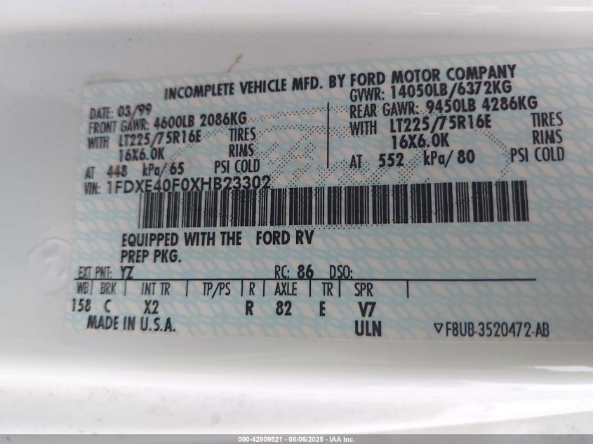 1999 Ford Econoline E450 Super Duty Cutwy Rv VIN: 1FDXE40F0XHB23302 Lot: 42809521