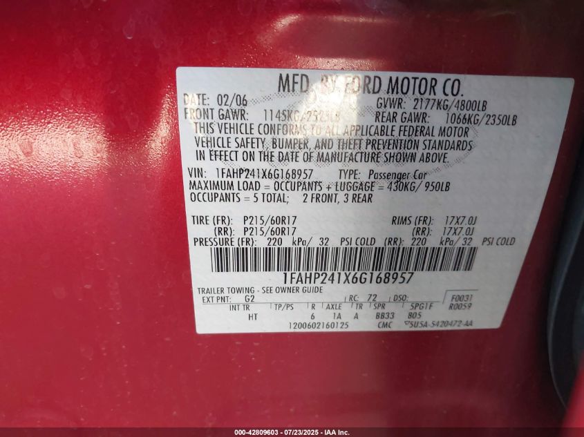 2006 Ford Five Hundred Sel VIN: 1FAHP241X6G168957 Lot: 42809603