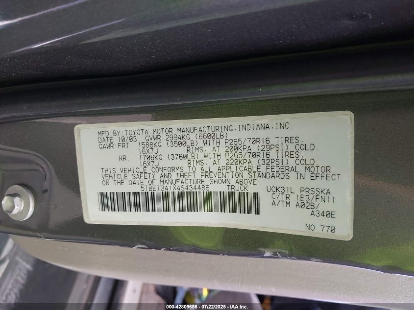 2004 Toyota Tundra Sr5 V8 VIN: 5TBET341X4S434486 Lot: 42809656