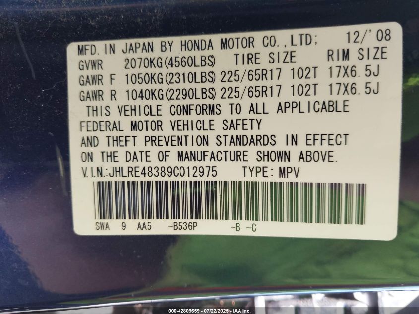 2009 Honda Cr-V Lx VIN: JHLRE48389C012975 Lot: 42809659