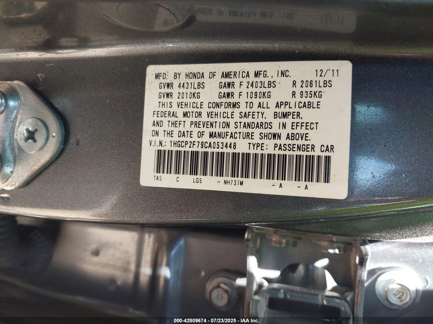 2012 Honda Accord 2.4 Ex VIN: 1HGCP2F79CA053448 Lot: 42809674
