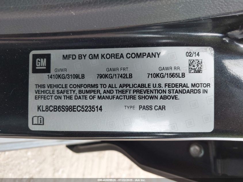 2014 Chevrolet Spark Ls Auto VIN: KL8CB6S98EC523514 Lot: 42809926