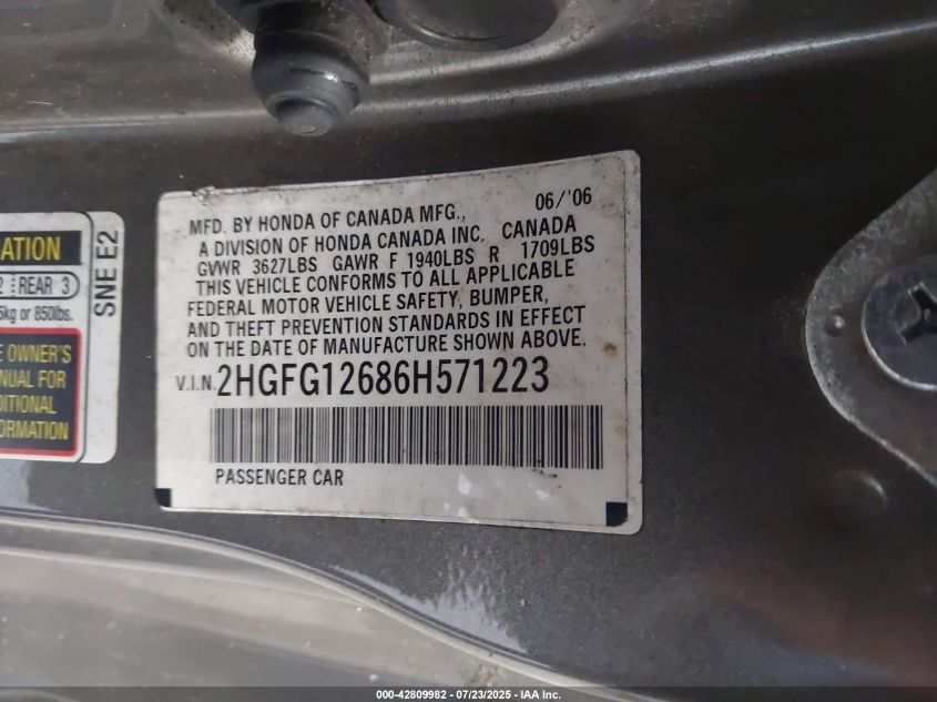 2006 Honda Civic Lx VIN: 2HGFG12686H571223 Lot: 42809982