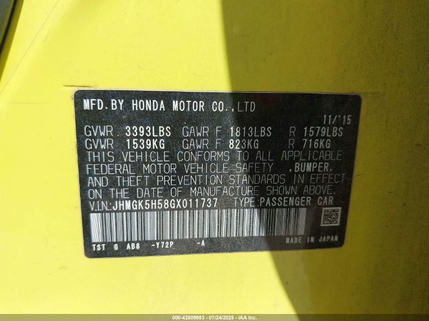 2016 Honda Fit Lx VIN: JHMGK5H58GX011737 Lot: 42809983