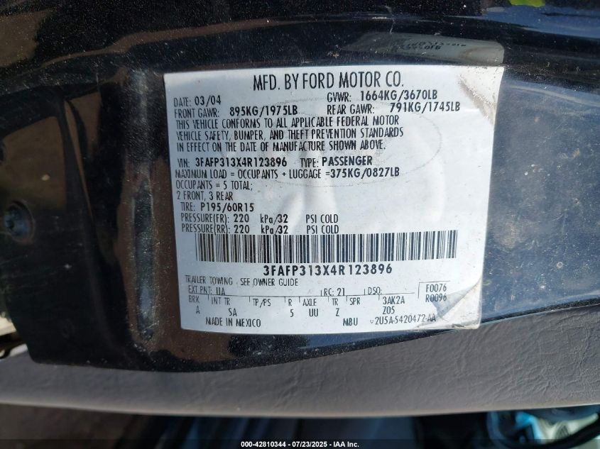 2004 Ford Focus Zx3 VIN: 3FAFP313X4R123896 Lot: 42810344