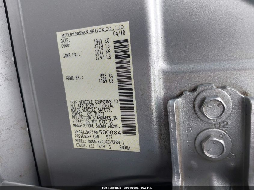 2010 Nissan Altima 2.5 S VIN: 1N4AL2AP3AN500084 Lot: 42810383