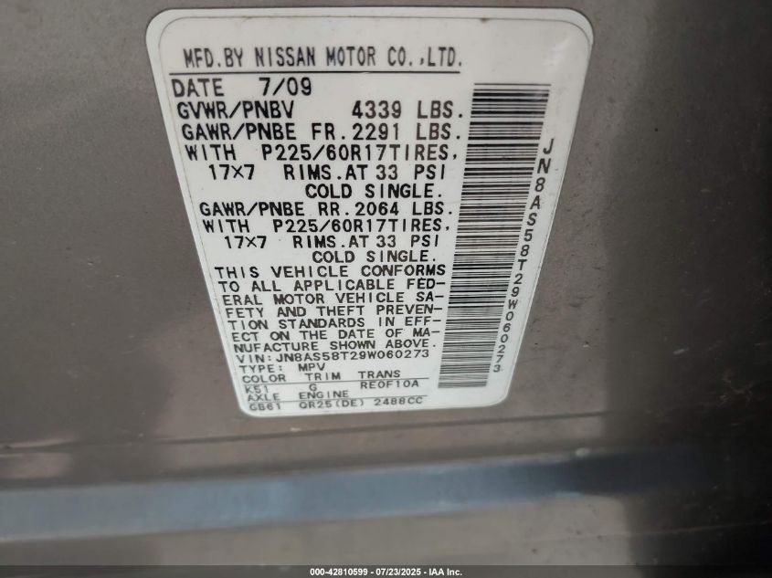 2009 Nissan Rogue Sl VIN: JN8AS58T29W060273 Lot: 42810599