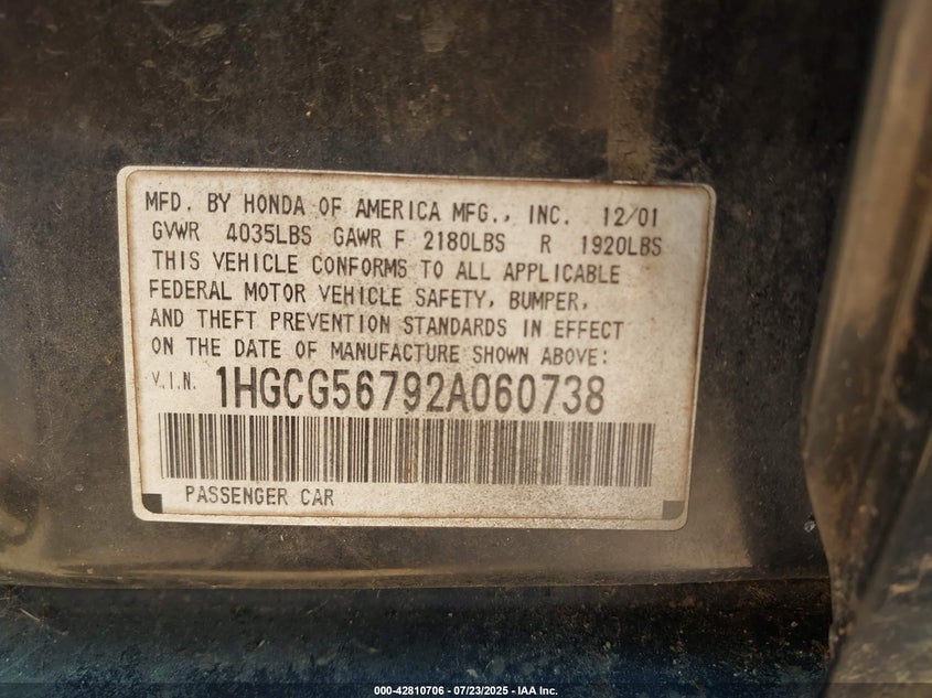 2002 Honda Accord 2.3 Se VIN: 1HGCG56792A060738 Lot: 42810706