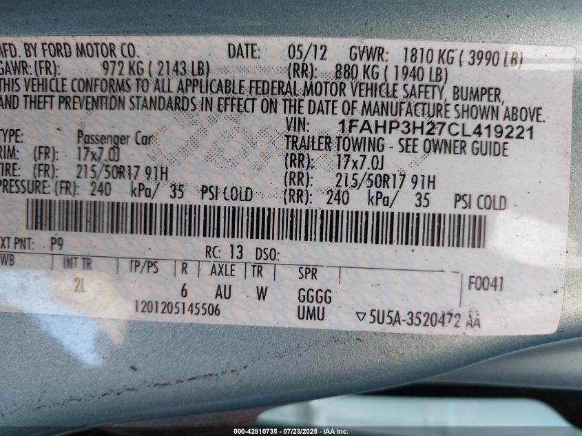 2012 Ford Focus Sel VIN: 1FAHP3H27CL419221 Lot: 42810735