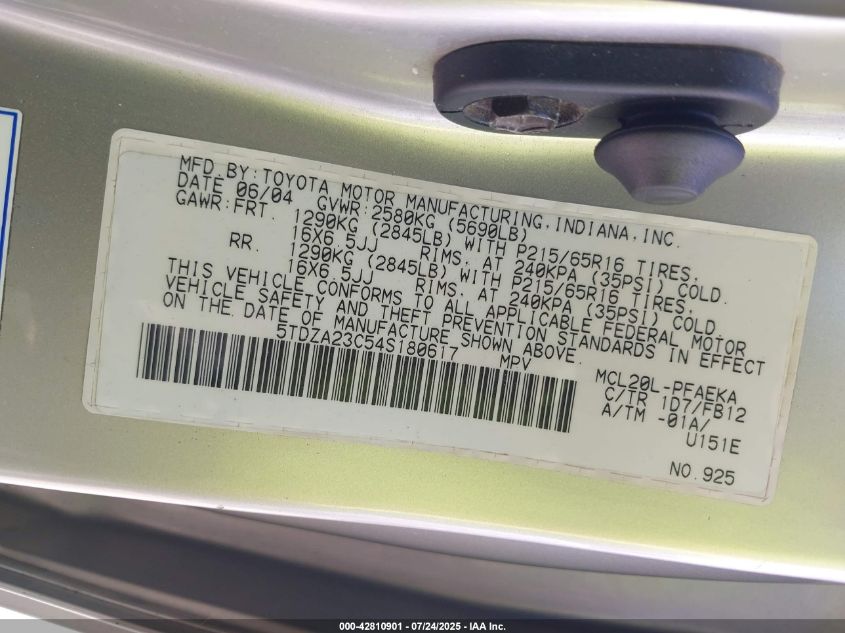 2004 Toyota Sienna Le VIN: 5TDZA23C54S180617 Lot: 42810901