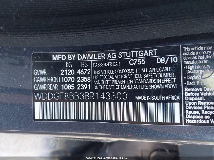 2011 Mercedes-Benz C 300 Luxury 4Matic/Sport 4Matic VIN: WDDGF8BB3BR143300 Lot: 42811061