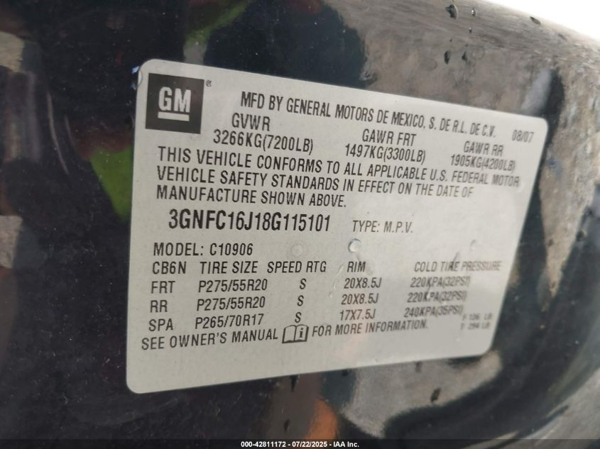 2008 Chevrolet Suburban 1500 Ltz VIN: 3GNFC16J18G115101 Lot: 42811172