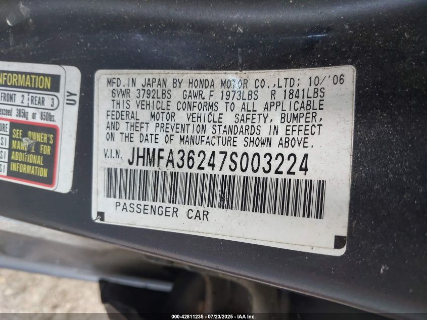 2007 Honda Civic Hybrid VIN: JHMFA36247S003224 Lot: 42811235