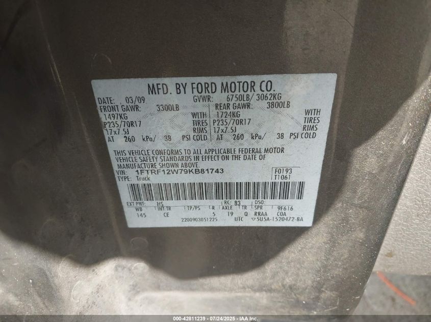 2009 Ford F-150 Stx/Xl/Xlt VIN: 1FTRF12W79KB81743 Lot: 42811239