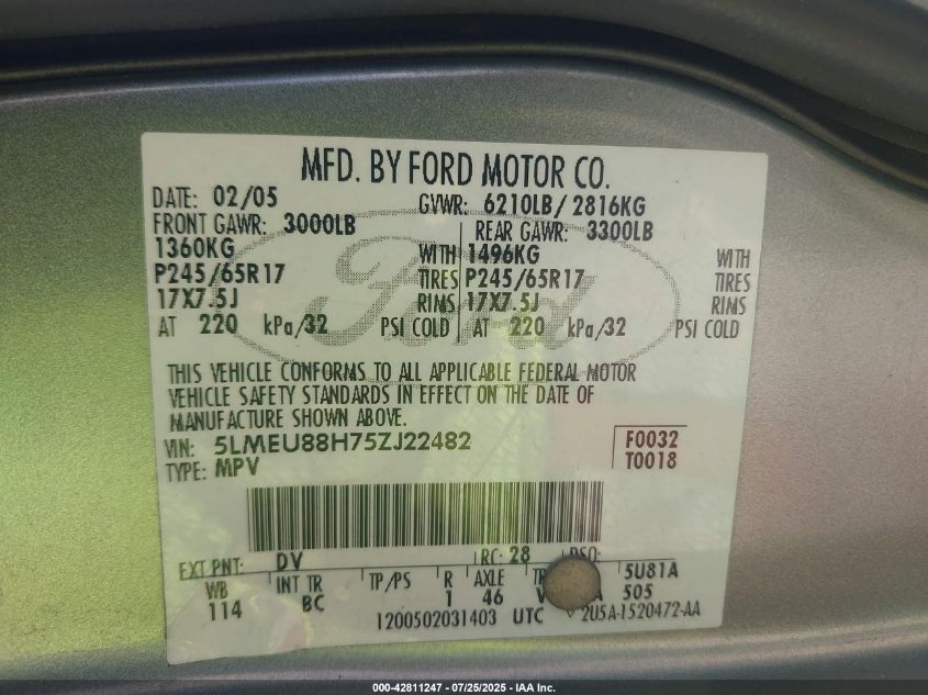 2005 Lincoln Aviator VIN: 5LMEU88H75ZJ22482 Lot: 42811247