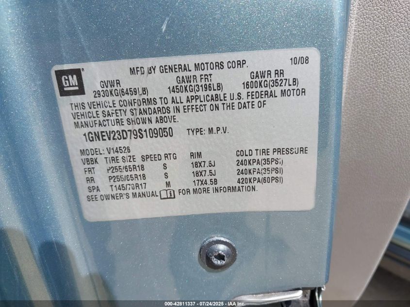 2009 Chevrolet Traverse Lt VIN: 1GNEV23D79S109050 Lot: 42811337