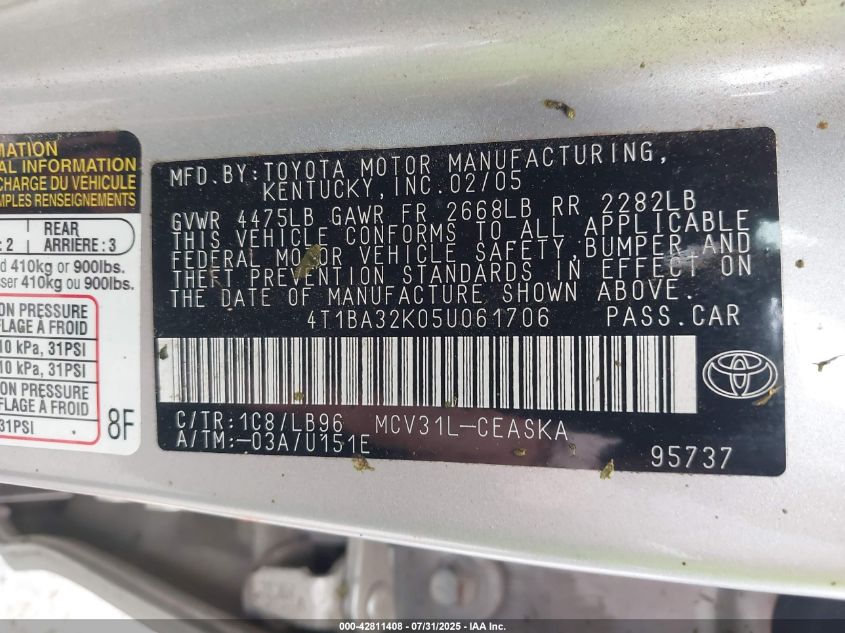 2005 Toyota Camry Se V6 VIN: 4T1BA32K05U061706 Lot: 42811408